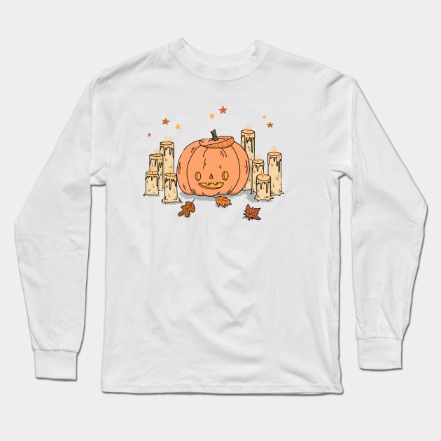 Pumpkin Candles Long Sleeve T-Shirt by Little Spooky Studio